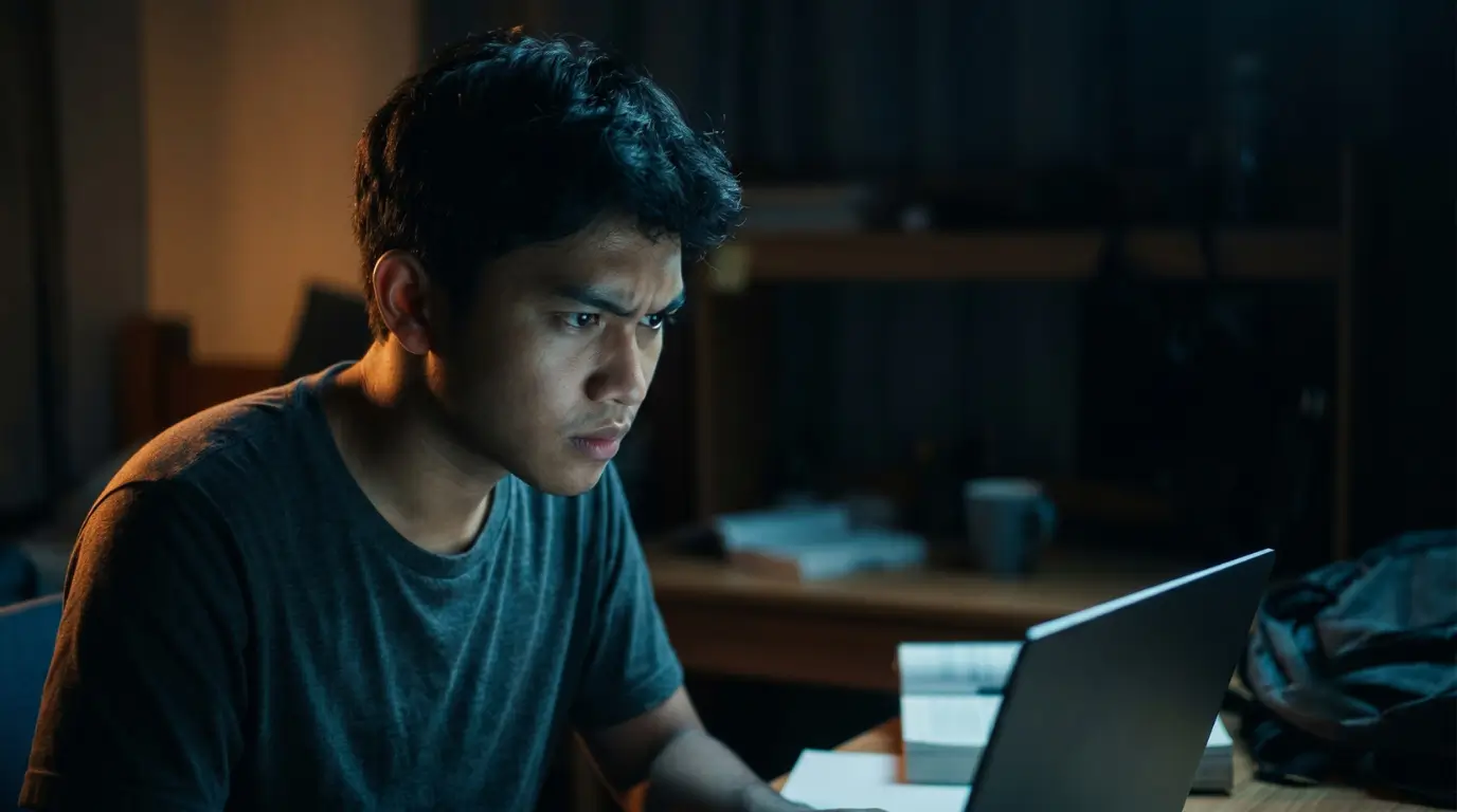 Mahasiswa Indonesia menatap laptop yang menyala dramatis menjelaskan apa itu agentic AI