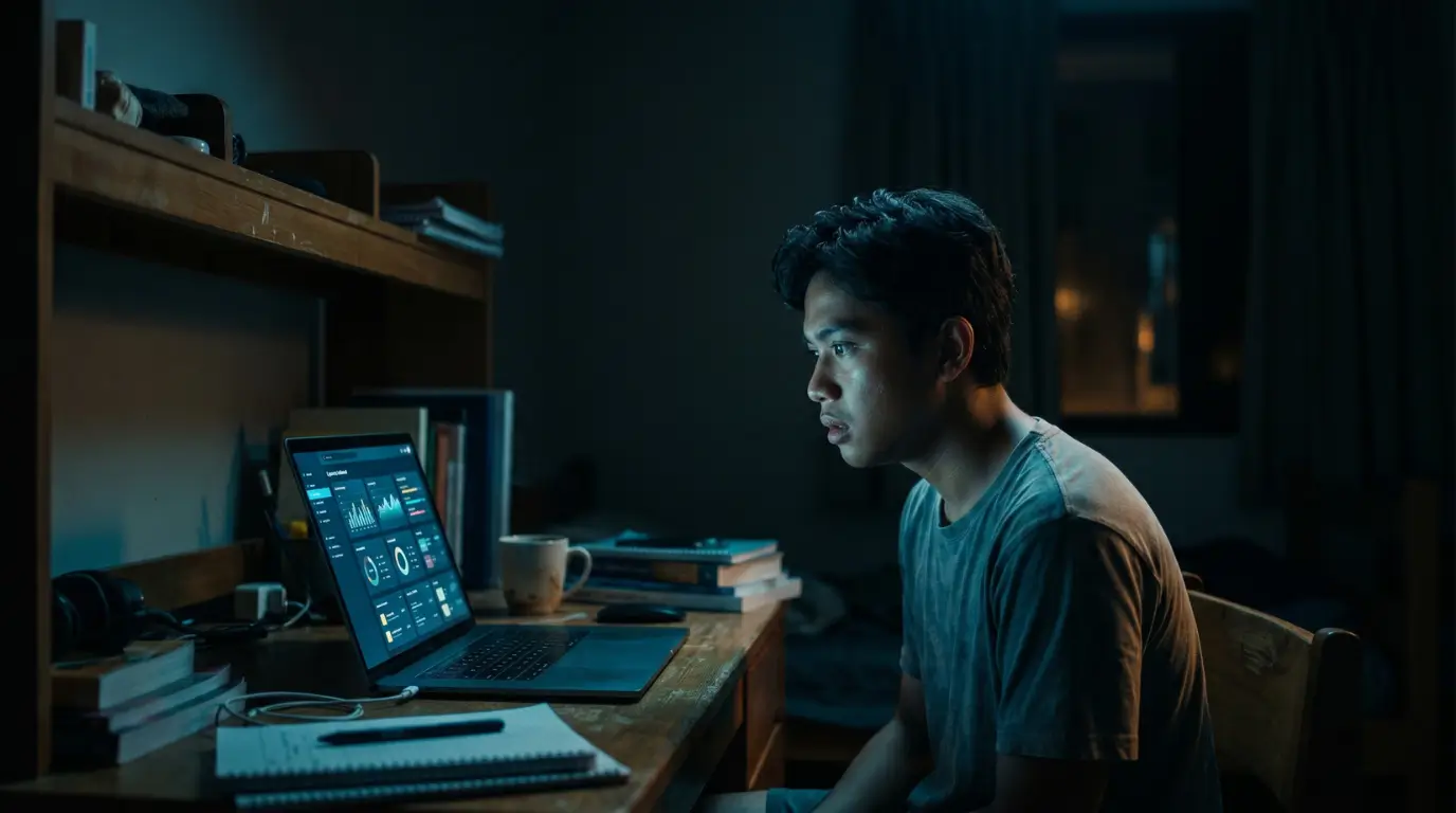 Mahasiswa Indonesia menatap layar laptop menyala dramatis yang melambangkan dampak AI pada pendidikan
