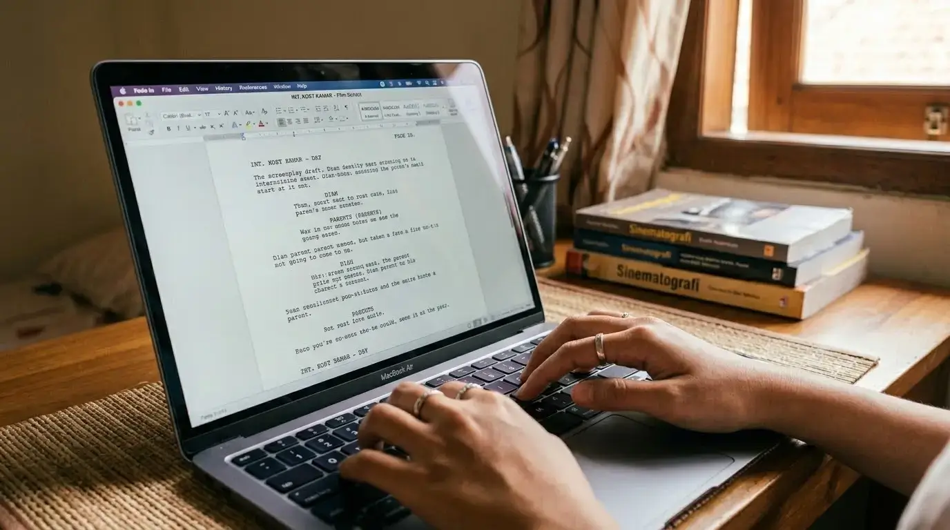 Layar laptop menampilkan cara membuat screenplay dengan format naskah yang benar