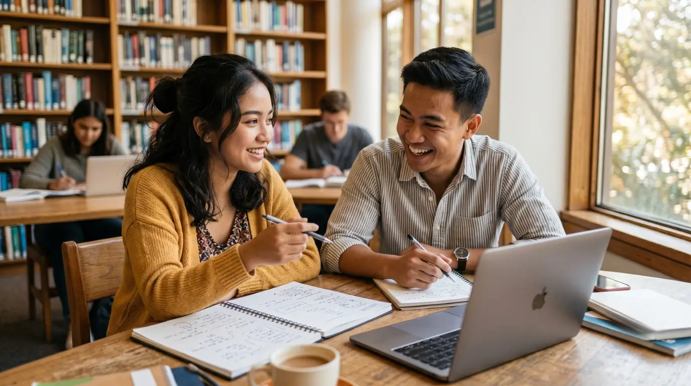 Dua mahasiswa Indonesia berdiskusi aktif belajar bareng sebagai skill yang tidak bisa digantikan AI
