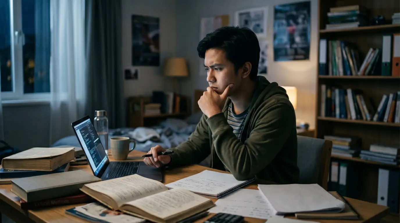 Mahasiswa Indonesia termenung ragu di depan laptop memikirkan dampak AI pada pendidikan