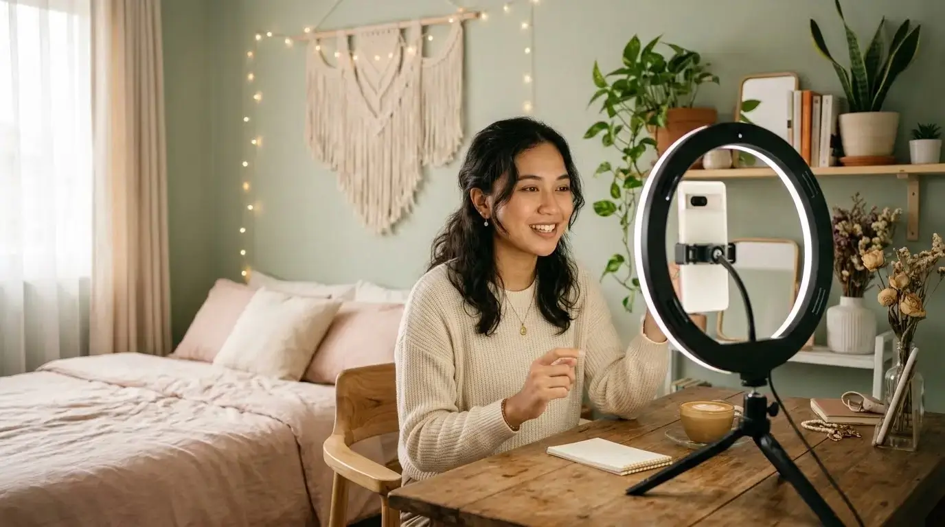 seorang micro influencer Indonesia sedang membuat konten di kamar dengan ring light